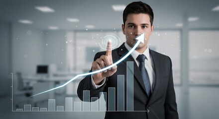 A businessman in a suit uses touchscreen technology to select a virtual map on a digital display, a concept for future business success