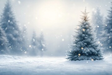 Christmas tree in idyllic winter landscape, beautiful blurred snowy xmas background with copy space stock photo