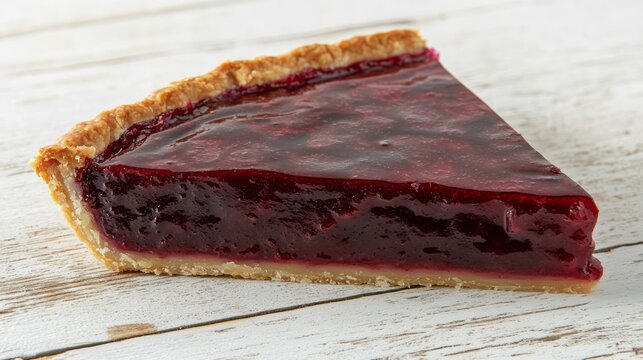 Close up of a delicious cherry pie slice on a light wooden surface.