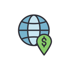Global finance location, stylized world with money symbol and navigation pin