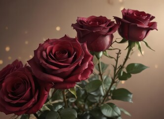 Obraz premium Elegant burgundy roses, soft lighting, silky petals, web banner format, flower arrangement, wide, botanical