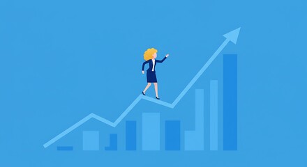 Businesswoman ascending on a growing graph.
