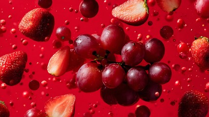 Fototapeta premium Mix between red grape and red berries and strawberries on a red background, with fresh slices of grape spreading around