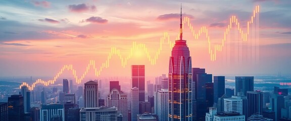 Abstract graph data overlaid on skyscraper cityscape, illustrating financial trading and real estate investment, investment, background