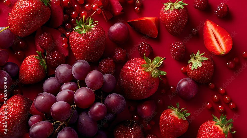 Aufkleber Mix between red grape and red berries and strawberries on a red background, with fresh slices of grape spreading around
