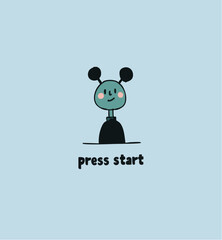 Press start text word art cute font childlike monster drawing vector illustration for web video game graphics fun character caricature creature blue and black minimalist simple 2d retro vintage style 