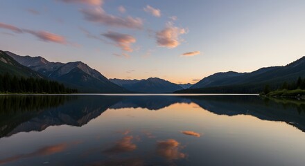 Fototapeta premium Expansive Landscape with Mountain Reflections in Calm Lake During Sunset in Nature