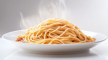 Isolated on white, a side view of a steaming hot plate of spaghetti in rich tomato sauce, sauce glistening, glossy finish, magazinequality food photography