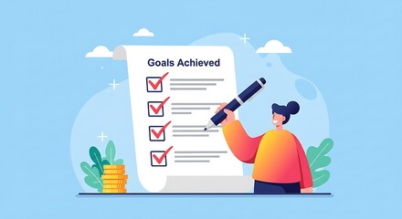 A woman marks goals achieved on a large checklist.