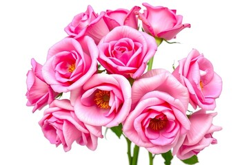 Fototapeta premium A cluster of vibrant pink roses, petals unfurled, isolated on pure white, close-up, isolated