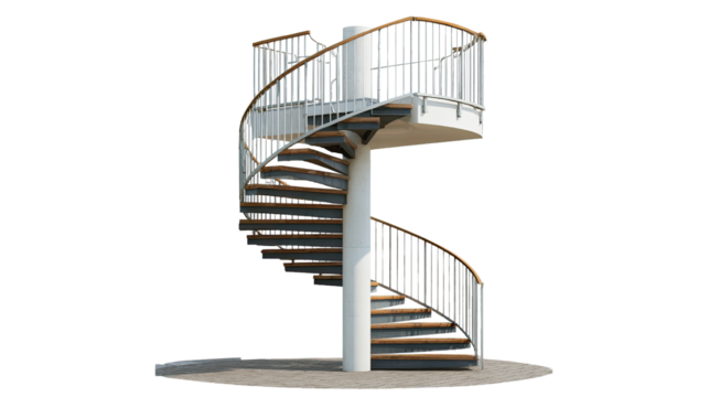 Spiral Staircase Design: A contemporary spiral staircase with sleek wood steps and a modern white frame ascends to a platform.