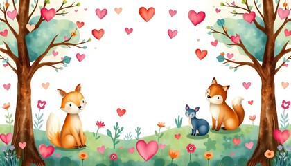 Naklejka premium Charming watercolor woodland creatures & trees seamless pattern with hearts, spring, bear
