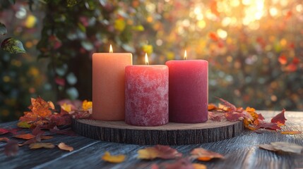 Autumnal Candlescape Three Burning Candles on Rustic Wood with Fall Leaves