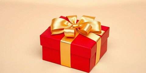 Fototapeta premium A crimson gift box, elegantly tied with a gold ribbon and bow, sits on a cream backdrop, birthday, luxury