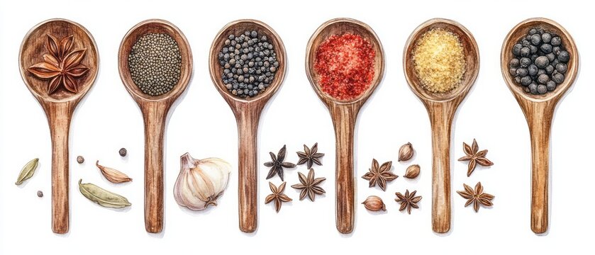 Assortment of various spices in wooden spoons.