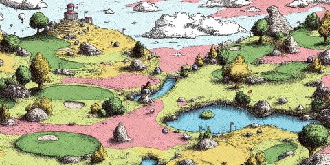 Colorful whimsical golf course landscape illustration