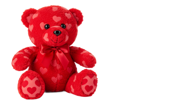 Valentine teddy bear sits smiling