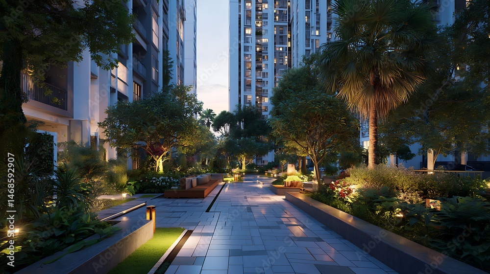 Poster modern apartment complex with glowing lights and lush gardens during twilight hours in a serene urba