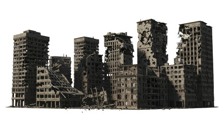 Wartorn cityscape ruins stand against black background