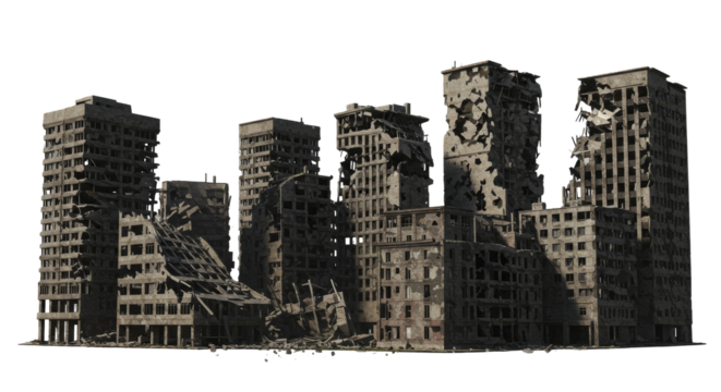 Wartorn cityscape ruins stand against black background