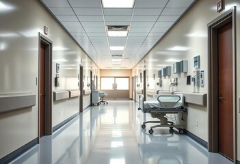 A long, sterile hospital corridor ends with a single medical bed, corridor, light