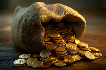 A wealth of golden coins spilling from a burlap sack.
