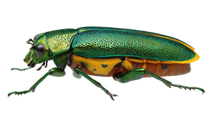 Naklejka premium Emerald beetle: A captivating close-up showcases the brilliant iridescent shell and intricate details of a stunning emerald beetle, a true gem of the insect world.