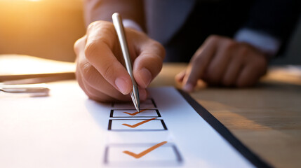 Organized professional signing off on completed tasks in a dynamic office environment