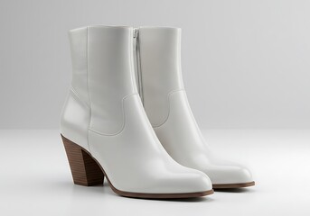 Elegant pair of white heeled ankle boots on light backdrop, pristine fashion