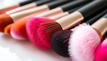 A row of clean makeup brushes, bristles facing upward, arranged neatly on a surface, synthetic, copy space