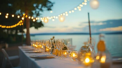 Outdoor wedding reception ideas: romantic table setting with lights and water view for special events