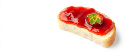 A single slice of bread topped with smooth, glistening strawberry jam, isolated on white,  picture,  food styling