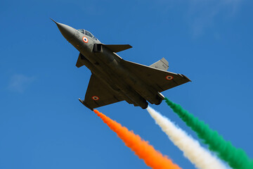 Indian fighter jets fly with flag-colored smoke trails in the clear blue sky