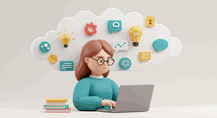 3D Rendering Of Person Working On Portable Computer With Cloud Of Ideas
