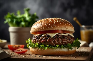 hamburger on a wooden table