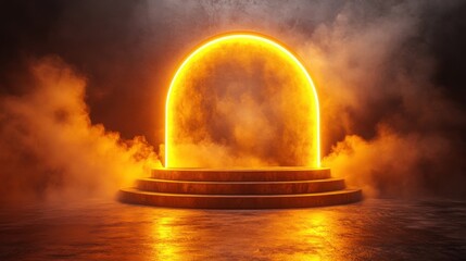 Glowing Orange Neon Archway with Steps Smoke and Dramatic Lighting for Product Display