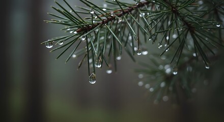 Close-Up of Pine Tree Branch with Raindrops Glimmering in Foggy Forest Atmosphere