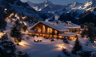 Fototapeta premium Illuminated Chalet on Snowy Mountain at Night