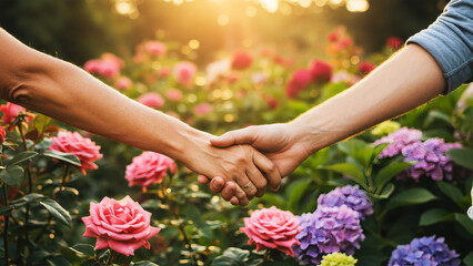 Fototapeta premium Affectionate Hands Clasped Amidst Blooming Roses