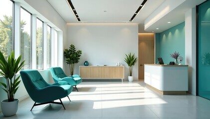 A clean and modern GP doctor's office waiting area , light, neutral, healthcare facility