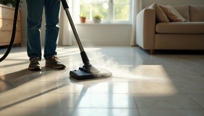 A powerful steam cleaner effortlessly sanitizes a tiled floor , tile, steam cleaner, tile cleaning