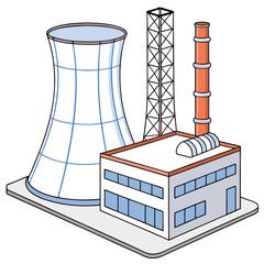 Illustration of a nuclear power plant with cooling tower and building structure view