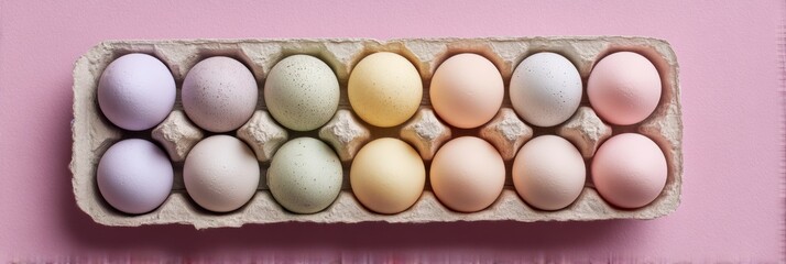 Obraz premium Pastel Colored Eggs in Biodegradable Carton Placed on a Clean Pastel Background for an Artistic Display Generative AI