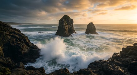 Stunning Rocky Coastline at Sunset with Lush Waves Crashing Against the Seaside in a Dramatic Scene