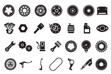 "A detailed collection of vector icons representing various motorbike parts and tools. Includes illustrations of helmets, engines, gears, spanners, wheels, and other motorcycle-related elements.