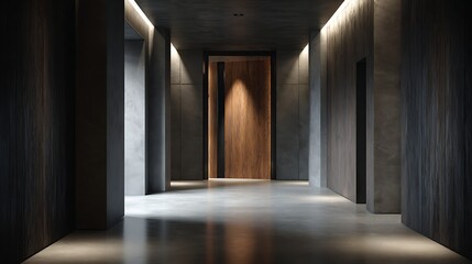Fototapeta premium Modern corridor featuring a wooden door and sleek design in a contemporary building