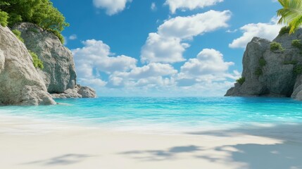 Naklejka premium Tranquil Beach Cove Turquoise Water, White Sand, and Rocky Cliffs