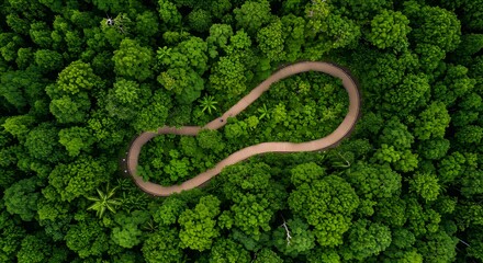 Aerial View of Winding Path Through Lush Green Forest Landscape Enhancing Nature's Beauty