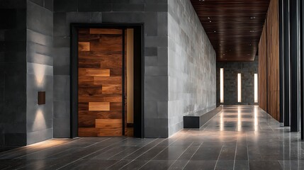 Obraz premium Modern corridor featuring a wooden door and sleek design in a contemporary building