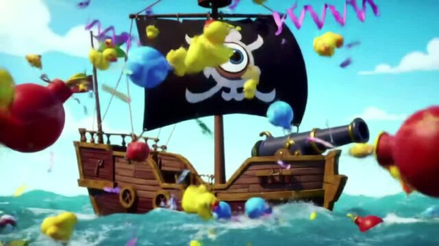 A cartoon pirate ship fires bombshells at sea, but they explode into rubber ducks and party streamers instead of cannonballs